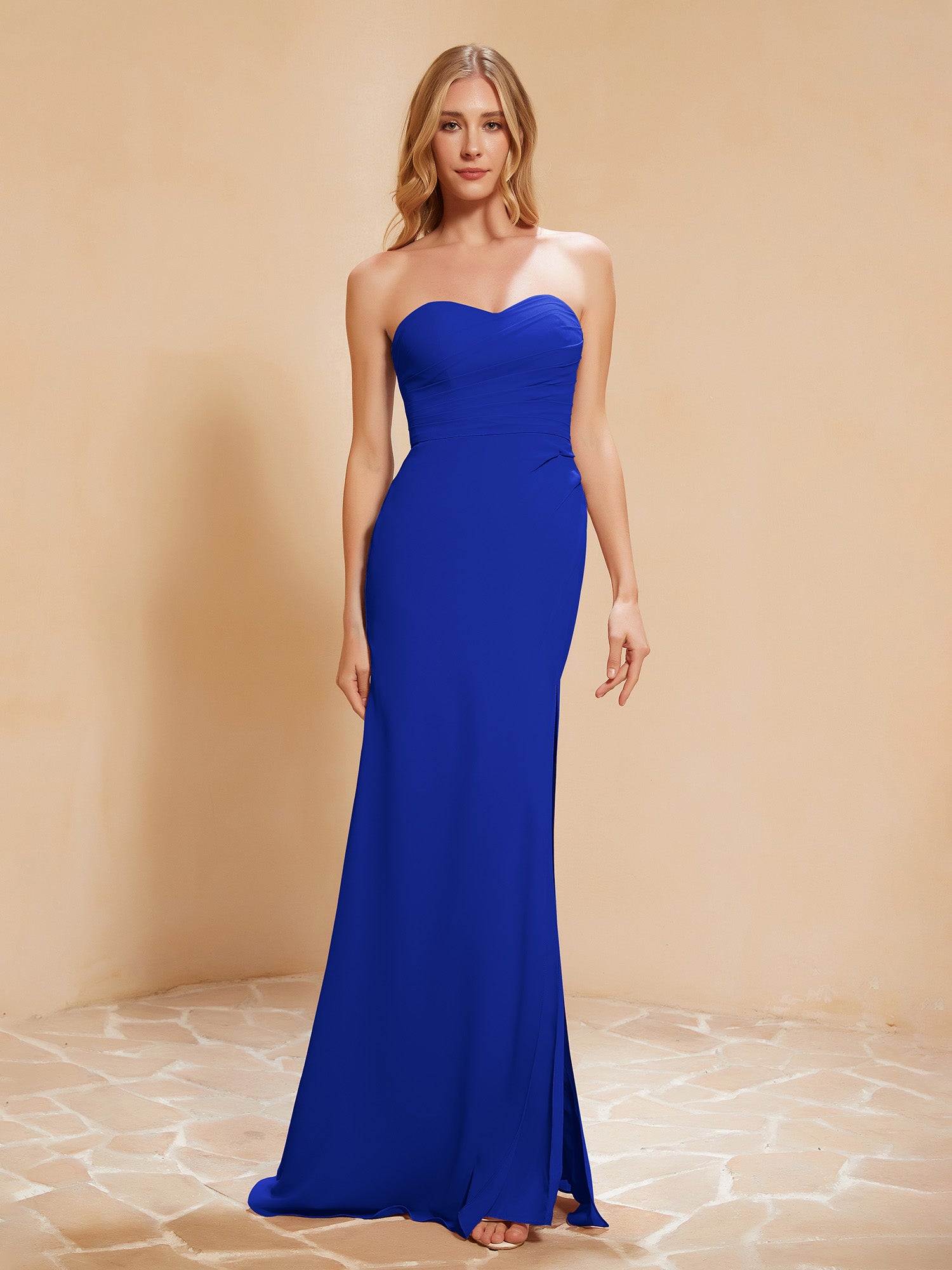 Strapless Long Sheath Chiffon Gown with Slit Royal Blue